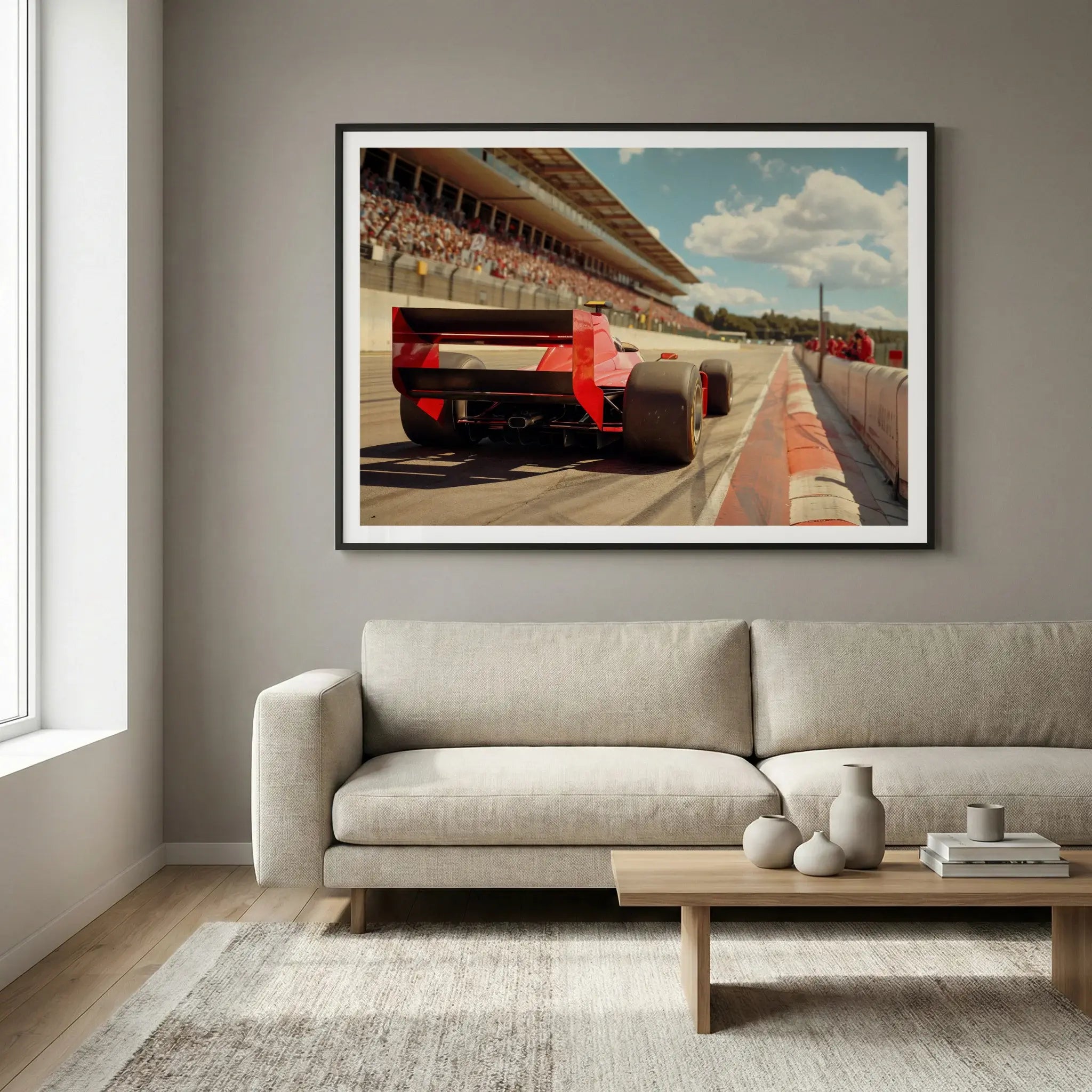 Framed vintage motorsport art print with red race car, titled Glory Days displayed in living room