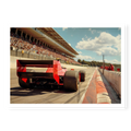 Low angle rear view of a vintage red F1 race car driving on a track with grandstands in the background, art print titled Glory Days