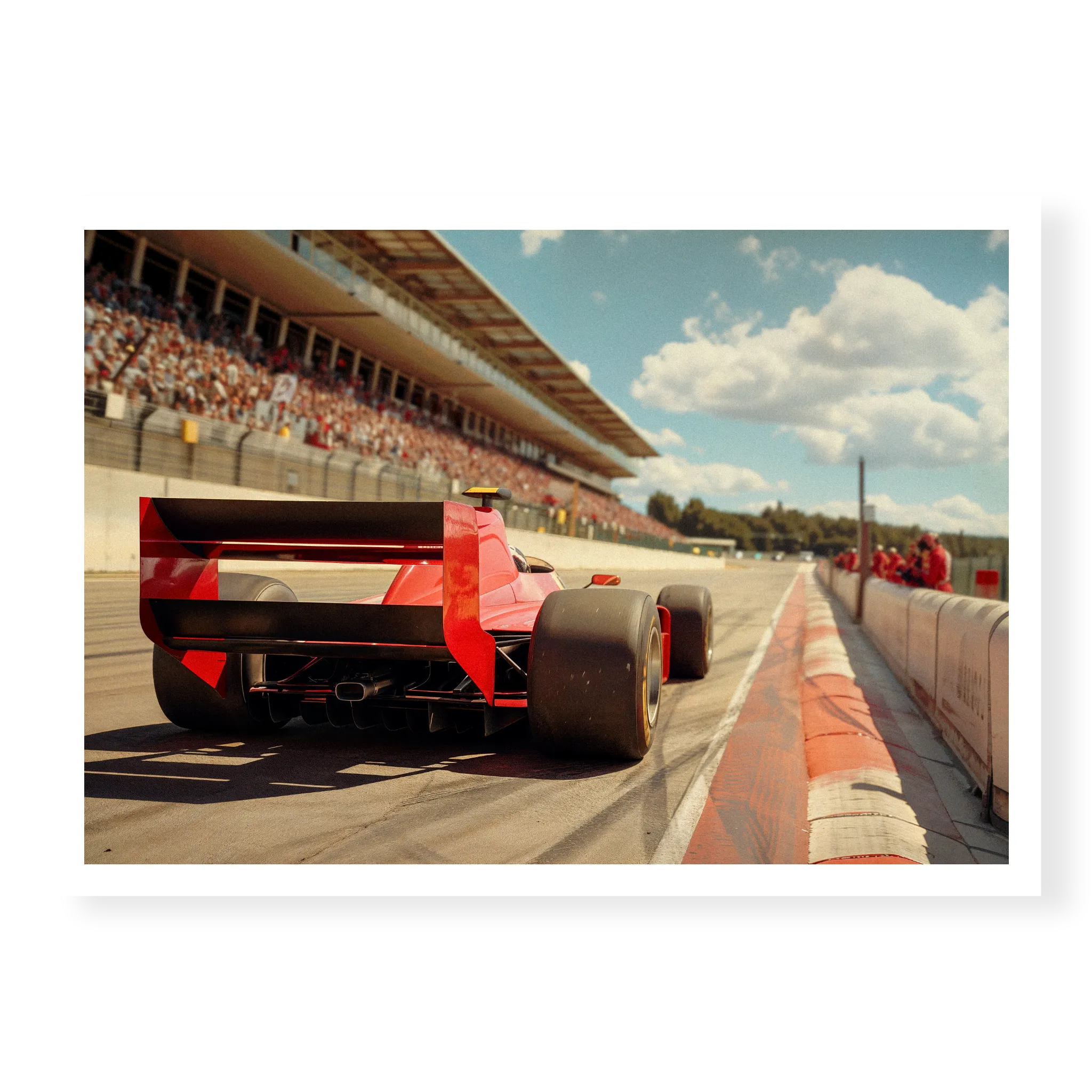 Low angle rear view of a vintage red F1 race car driving on a track with grandstands in the background, art print titled Glory Days