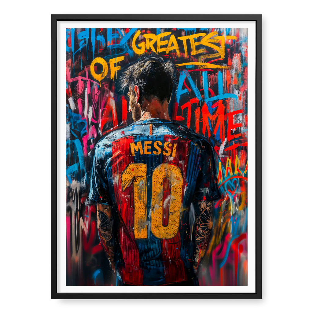 Rear view of Lionel Messi in number 10 jersey surrounded by colourful graffiti text reading Greatest of All Time, art print titled G.O.A.T in black frame