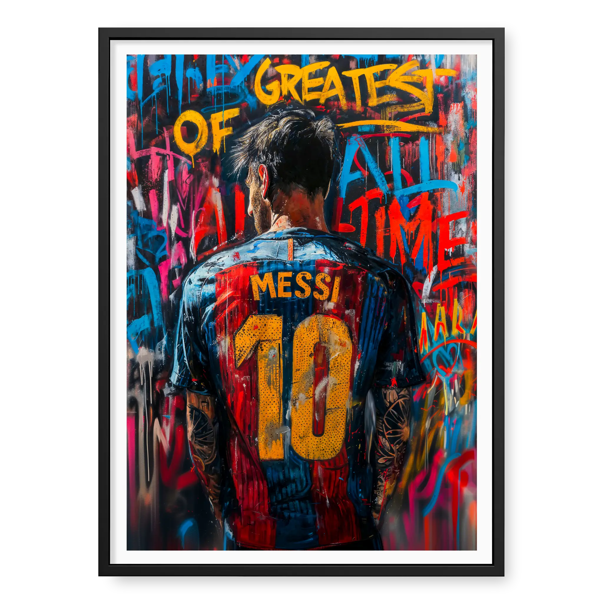 Rear view of Lionel Messi in number 10 jersey surrounded by colourful graffiti text reading Greatest of All Time, art print titled G.O.A.T in black frame