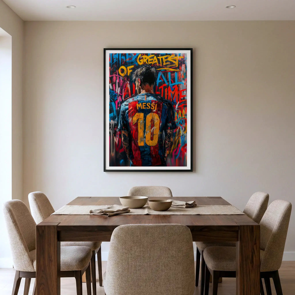 Framed graffiti art print of Lionel Messi with bright colours, titled G.O.A.T displayed in dining room