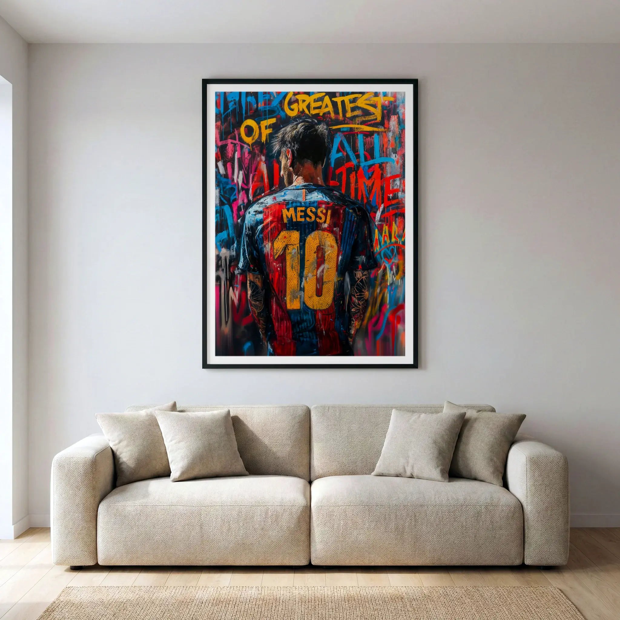 Framed graffiti art print of Lionel Messi with bright colours, titled G.O.A.T displayed in living room