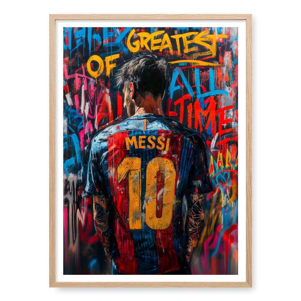 Rear view of Lionel Messi in number 10 jersey surrounded by colourful graffiti text reading Greatest of All Time, art print titled G.O.A.T in natural oak frame