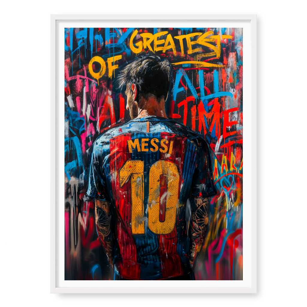 Rear view of Lionel Messi in number 10 jersey surrounded by colourful graffiti text reading Greatest of All Time, art print titled G.O.A.T in white frame