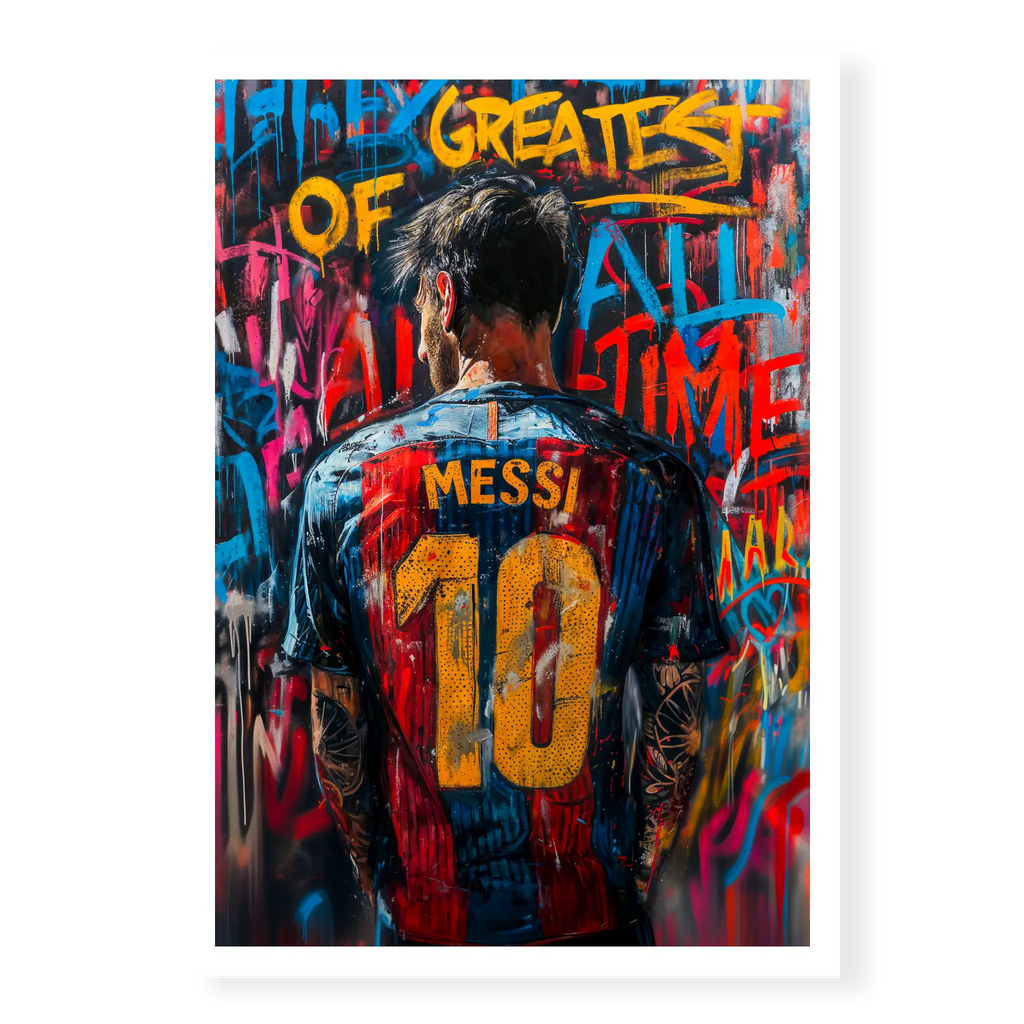 Rear view of Lionel Messi in number 10 jersey surrounded by colourful graffiti text reading Greatest of All Time, art print titled G.O.A.T