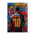 Rear view of Lionel Messi in number 10 jersey surrounded by colourful graffiti text reading Greatest of All Time, art print titled G.O.A.T