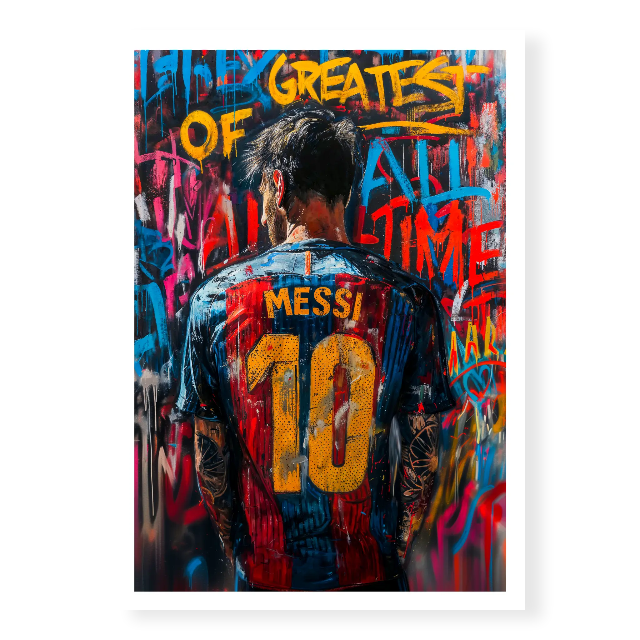 Rear view of Lionel Messi in number 10 jersey surrounded by colourful graffiti text reading Greatest of All Time, art print titled G.O.A.T