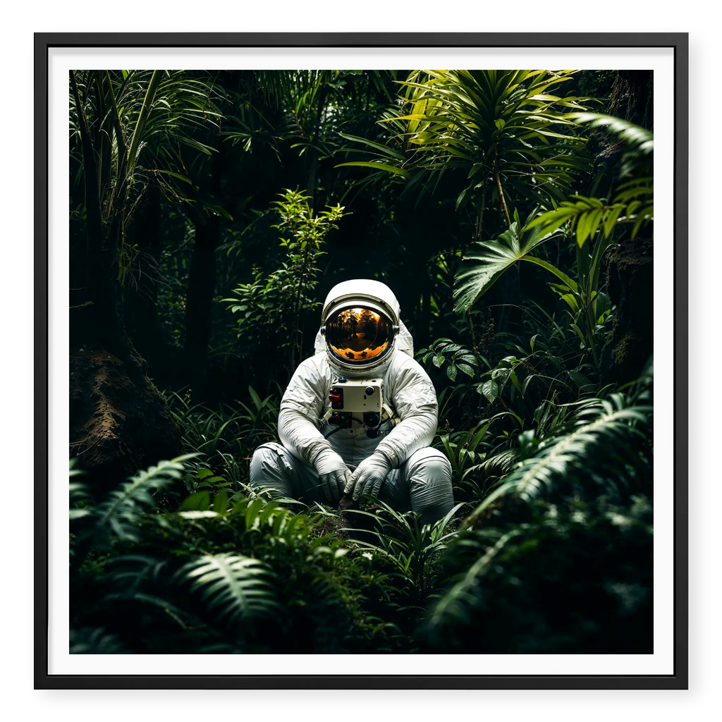 Astronaut in white space suit sitting peacefully on the forest floor surrounded by lush green tropical plants, art print titled Home in black frame