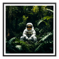 Astronaut in white space suit sitting peacefully on the forest floor surrounded by lush green tropical plants, art print titled Home in black frame