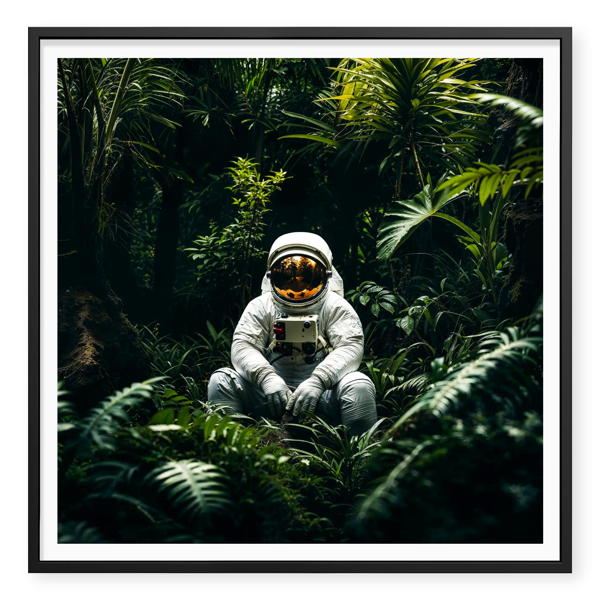 Astronaut in white space suit sitting peacefully on the forest floor surrounded by lush green tropical plants, art print titled Home in black frame