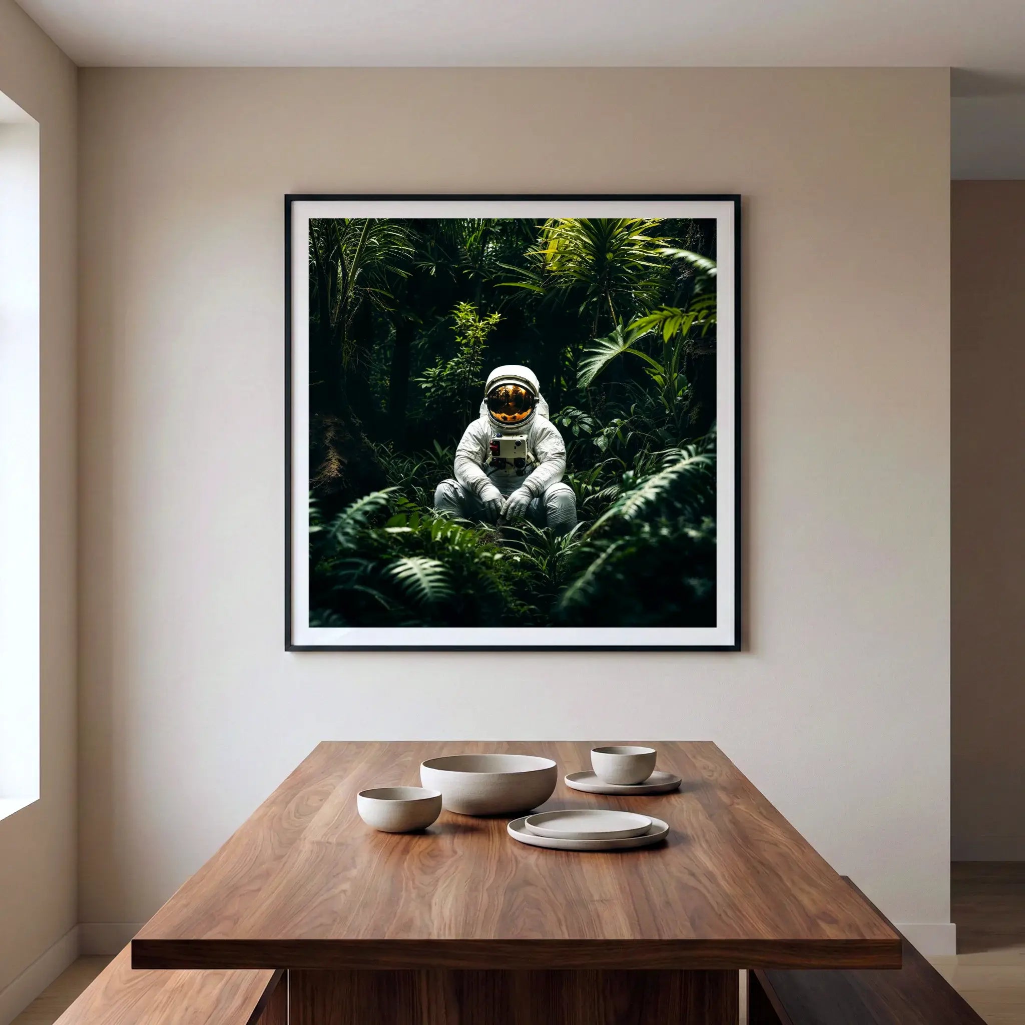 Framed surreal art print with astronaut in a jungle, titled Home displayed in dining room