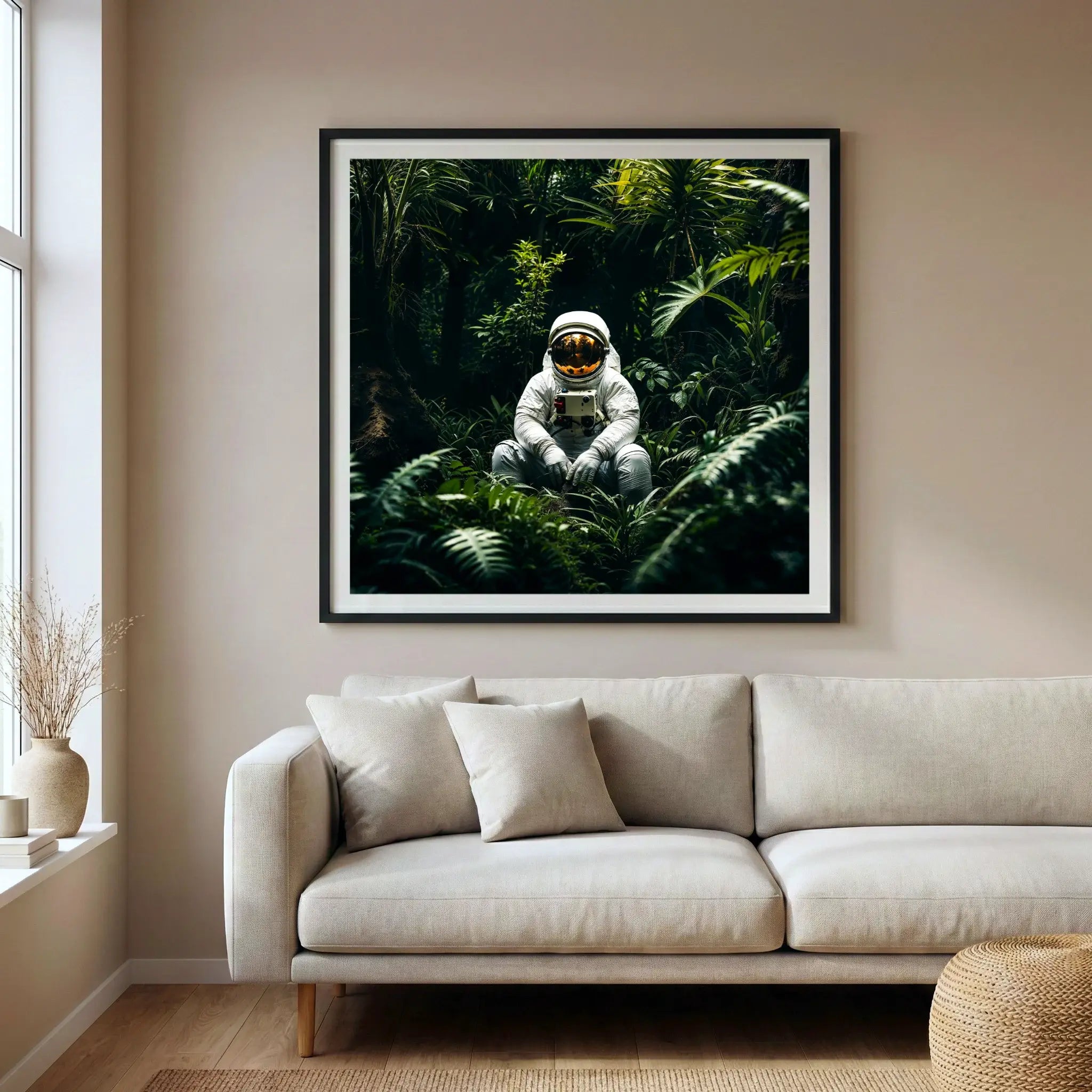 Framed surreal art print with astronaut in a jungle, titled Home displayed in living room