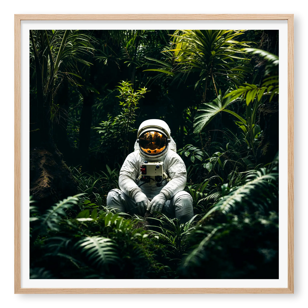 Astronaut in white space suit sitting peacefully on the forest floor surrounded by lush green tropical plants, art print titled Home in natural oak frame