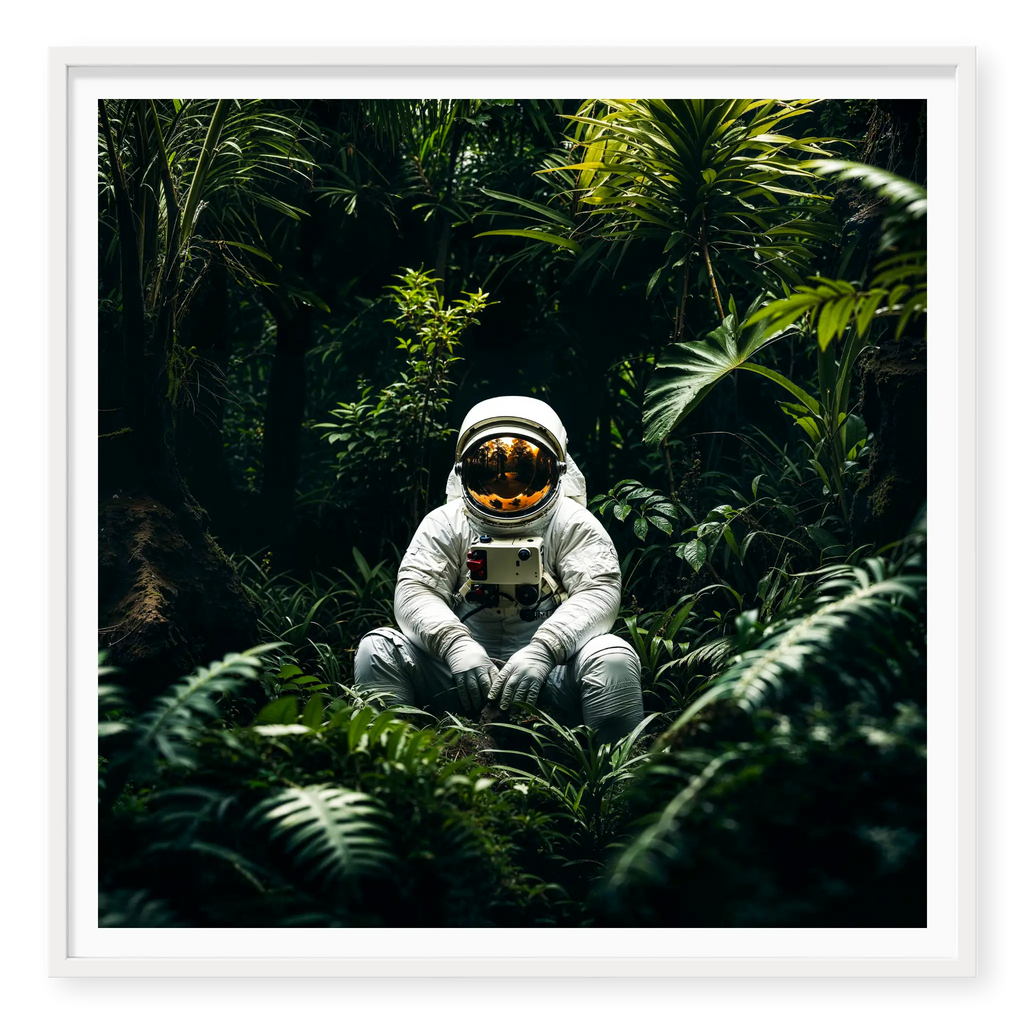 Astronaut in white space suit sitting peacefully on the forest floor surrounded by lush green tropical plants, art print titled Home in white frame