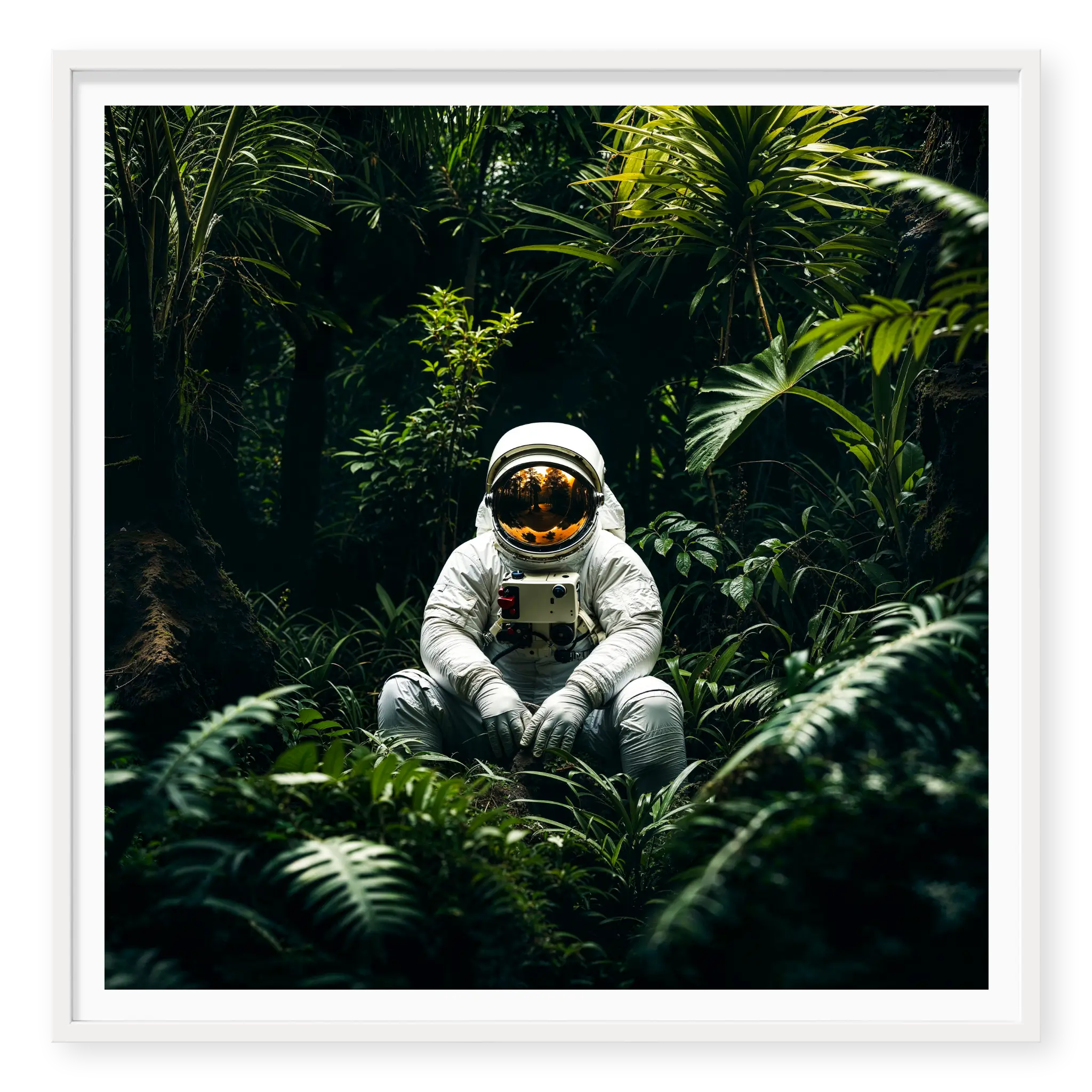 Astronaut in white space suit sitting peacefully on the forest floor surrounded by lush green tropical plants, art print titled Home in white frame