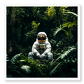 Astronaut in white space suit sitting peacefully on the forest floor surrounded by lush green tropical plants, art print titled Home