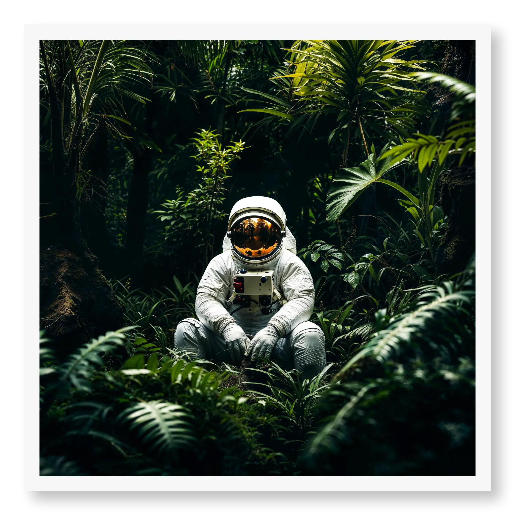 Astronaut in white space suit sitting peacefully on the forest floor surrounded by lush green tropical plants, art print titled Home