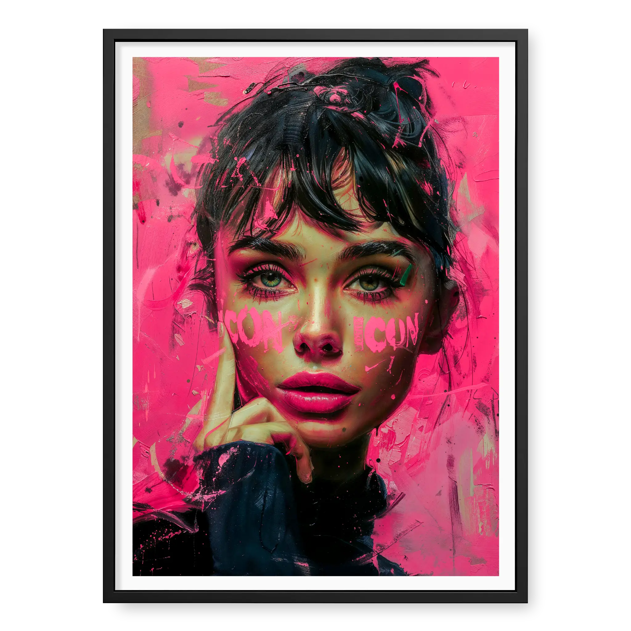 Stylised pop art portrait of Audrey Hepburn with bright pink background and the word ICON painted on her cheeks, art print titled Icon in black frame
