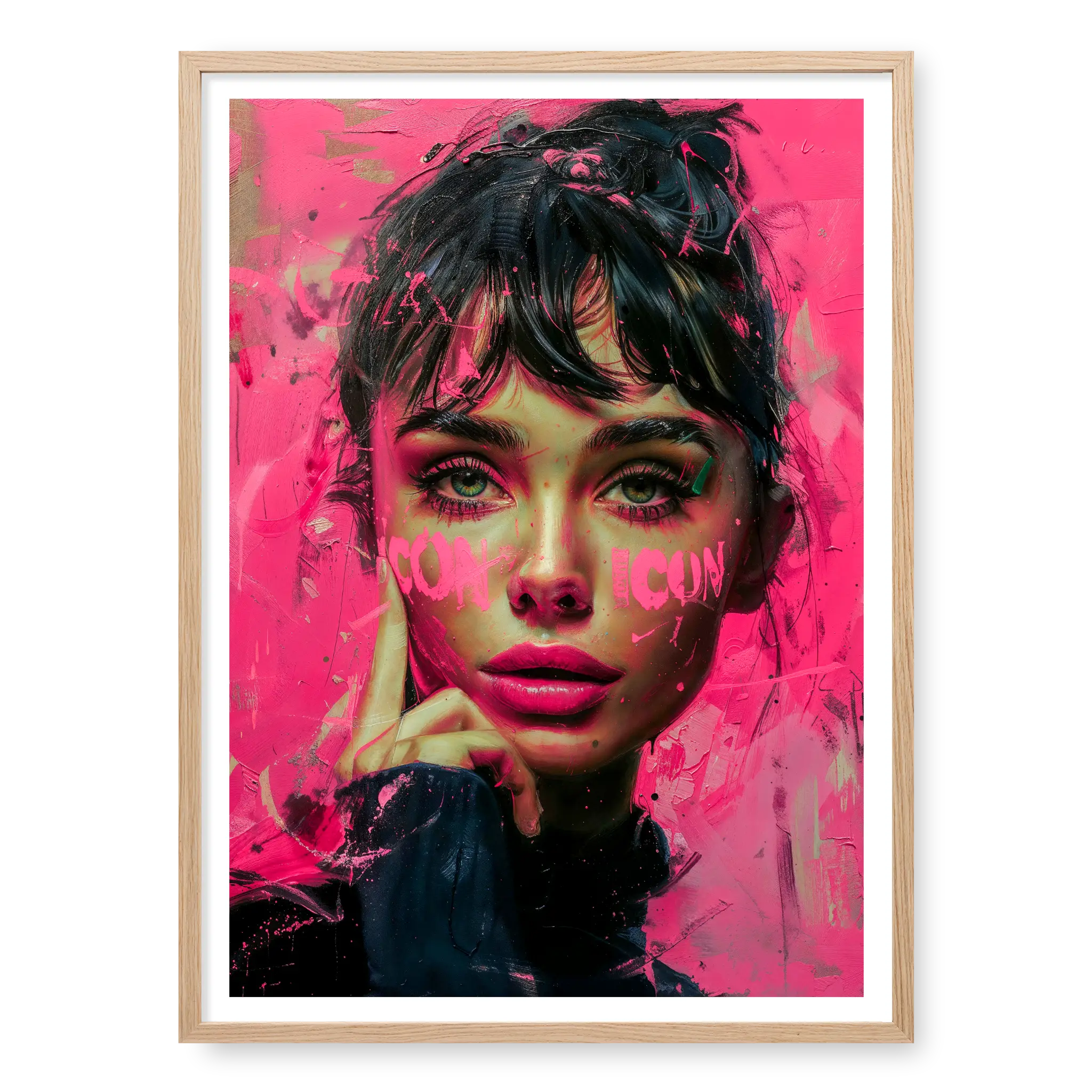 Stylised pop art portrait of Audrey Hepburn with bright pink background and the word ICON painted on her cheeks, art print titled Icon in natural oak frame