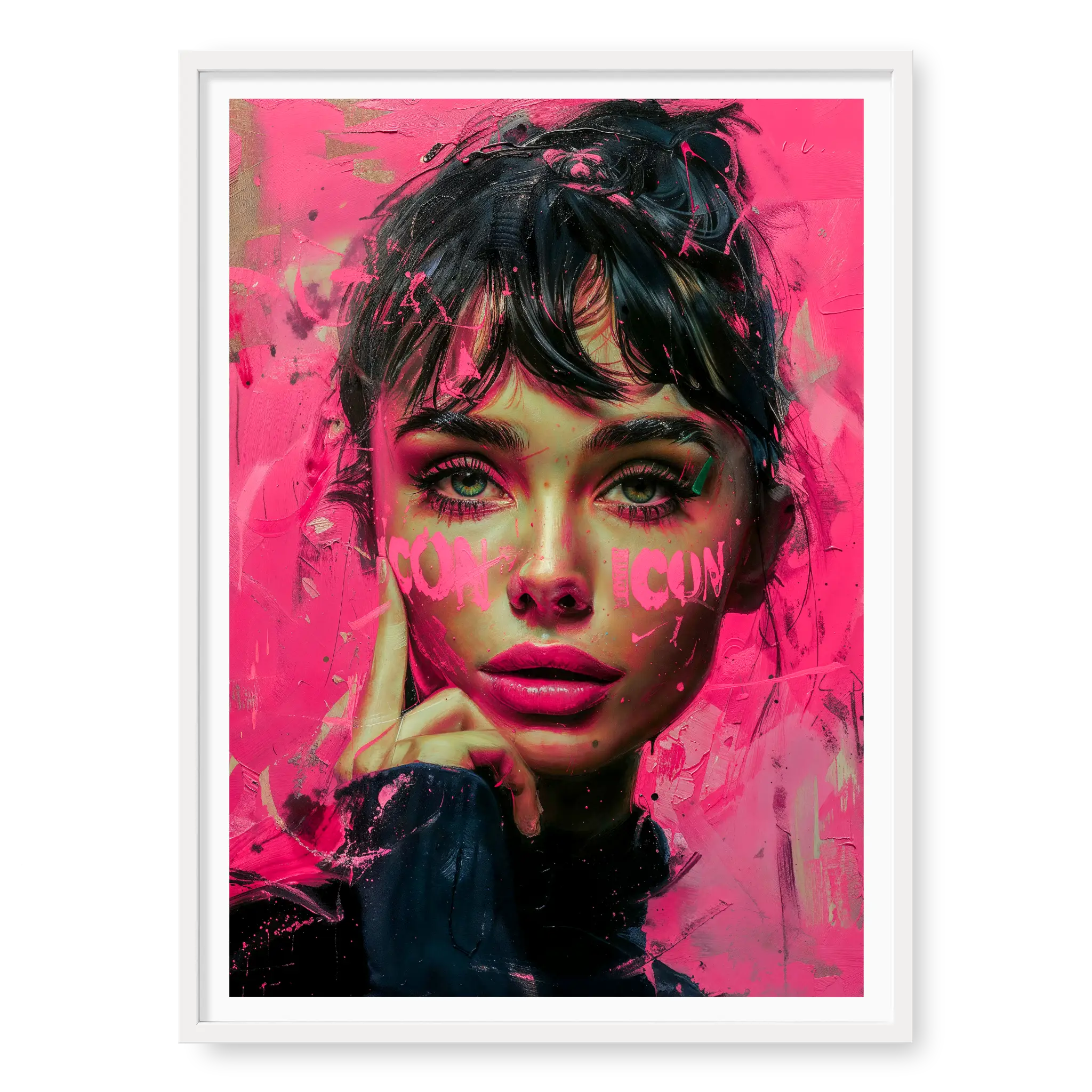 Stylised pop art portrait of Audrey Hepburn with bright pink background and the word ICON painted on her cheeks, art print titled Icon in white frame