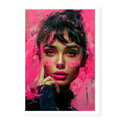 Stylised pop art portrait of Audrey Hepburn with bright pink background and the word ICON painted on her cheeks, art print titled Icon