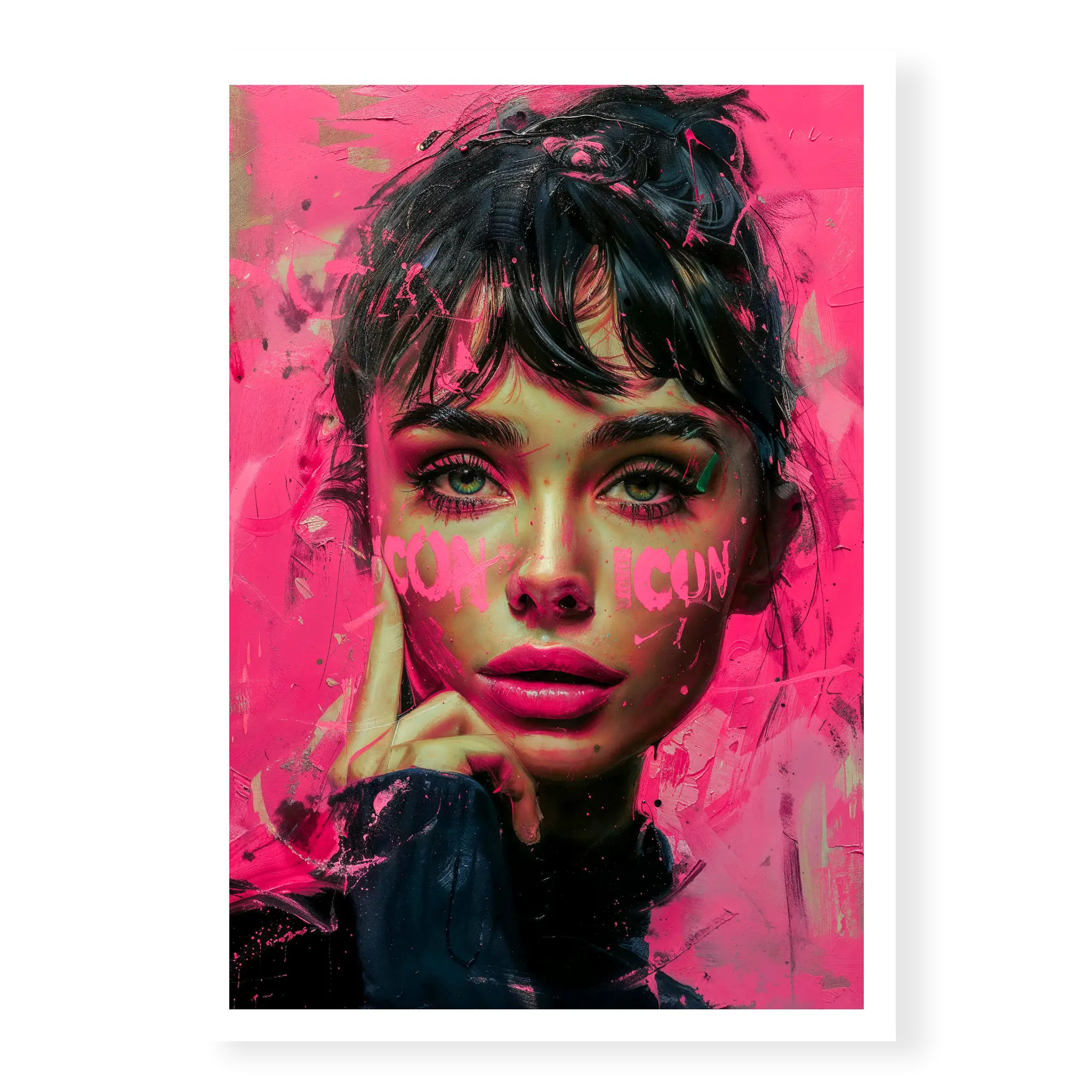 Stylised pop art portrait of Audrey Hepburn with bright pink background and the word ICON painted on her cheeks, art print titled Icon