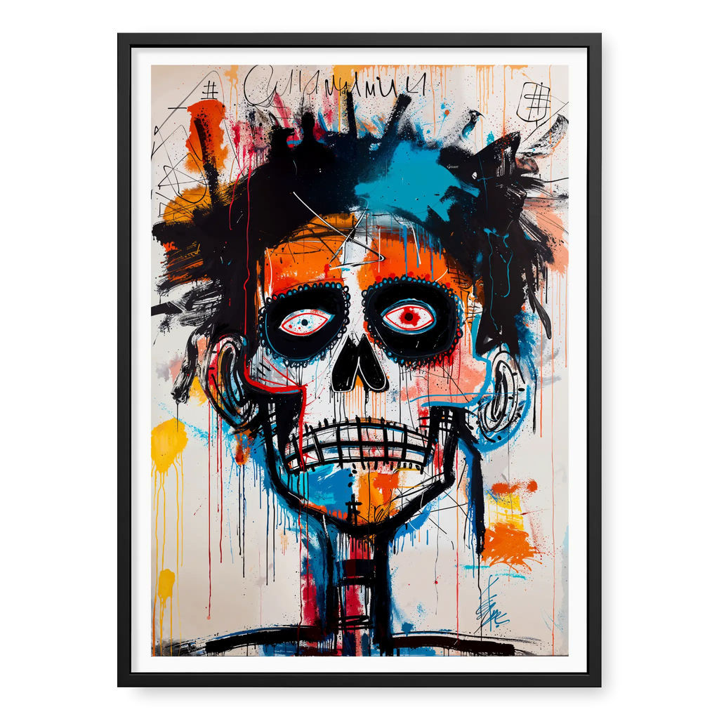Framed Variant (Black) Neo-expressionist skull painting with wide red eyes and skeletal teeth in raw orange and blue style, art print titled Ioche in black frame