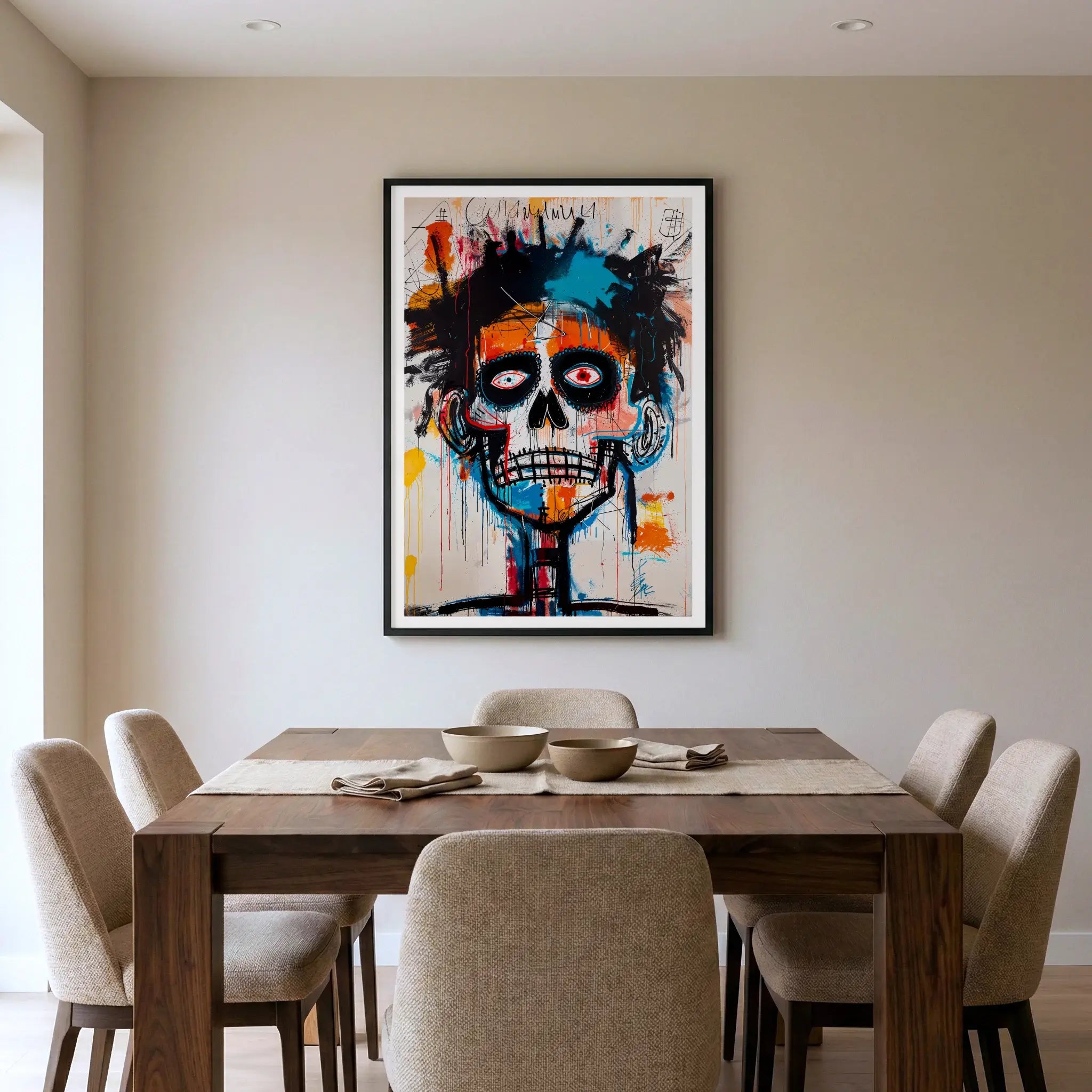 Framed neo-expressionist art print with colourful skull, titled Ioche displayed in dining room