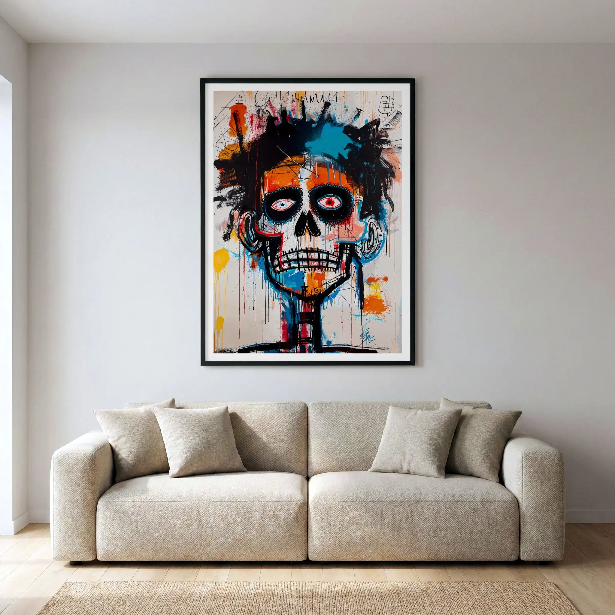 Framed neo-expressionist art print with colourful skull, titled Ioche displayed in living room