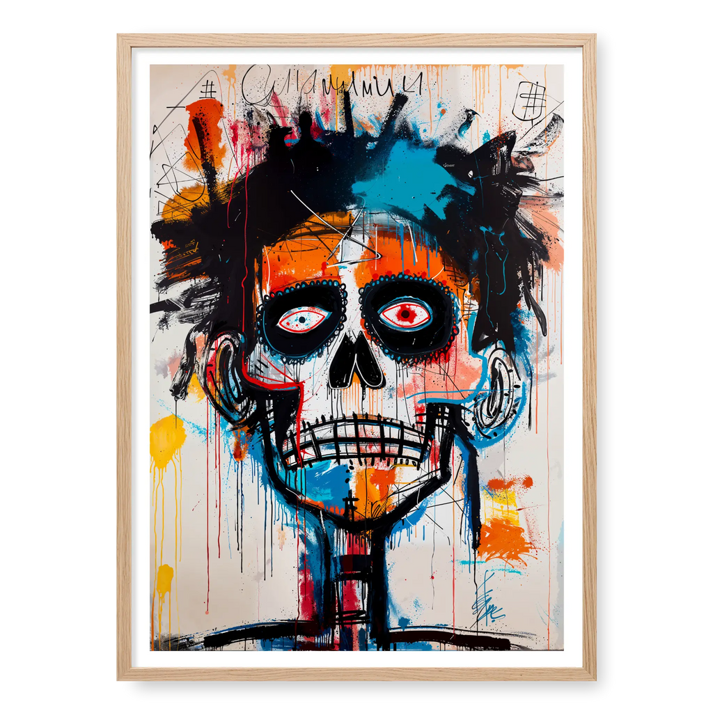 Neo-expressionist skull painting with wide red eyes and skeletal teeth in raw orange and blue style, art print titled Ioche in natural oak frame