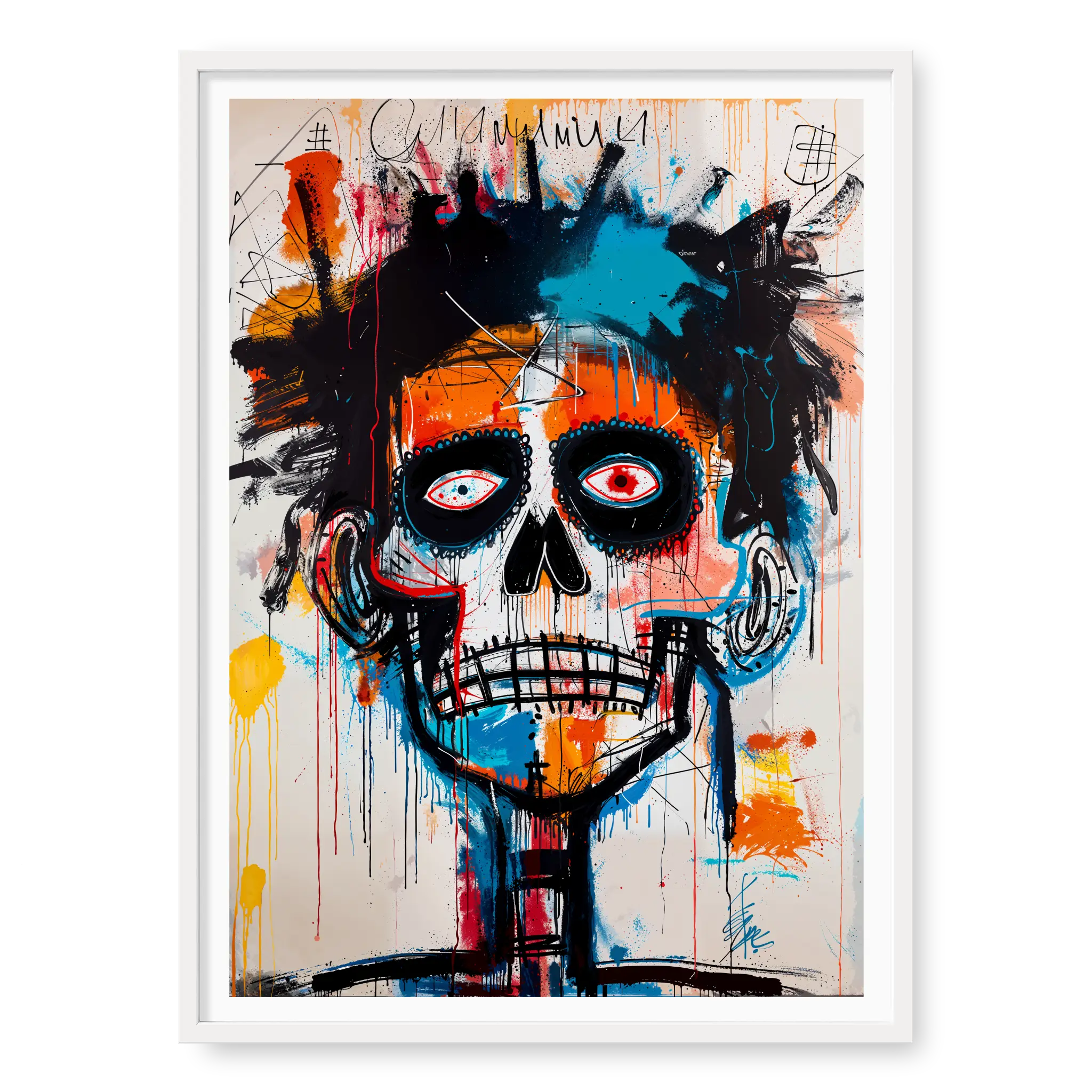 Neo-expressionist skull painting with wide red eyes and skeletal teeth in raw orange and blue style, art print titled Ioche in white frame
