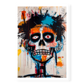 Neo-expressionist skull painting with wide red eyes and skeletal teeth in raw orange and blue style, art print titled Ioche