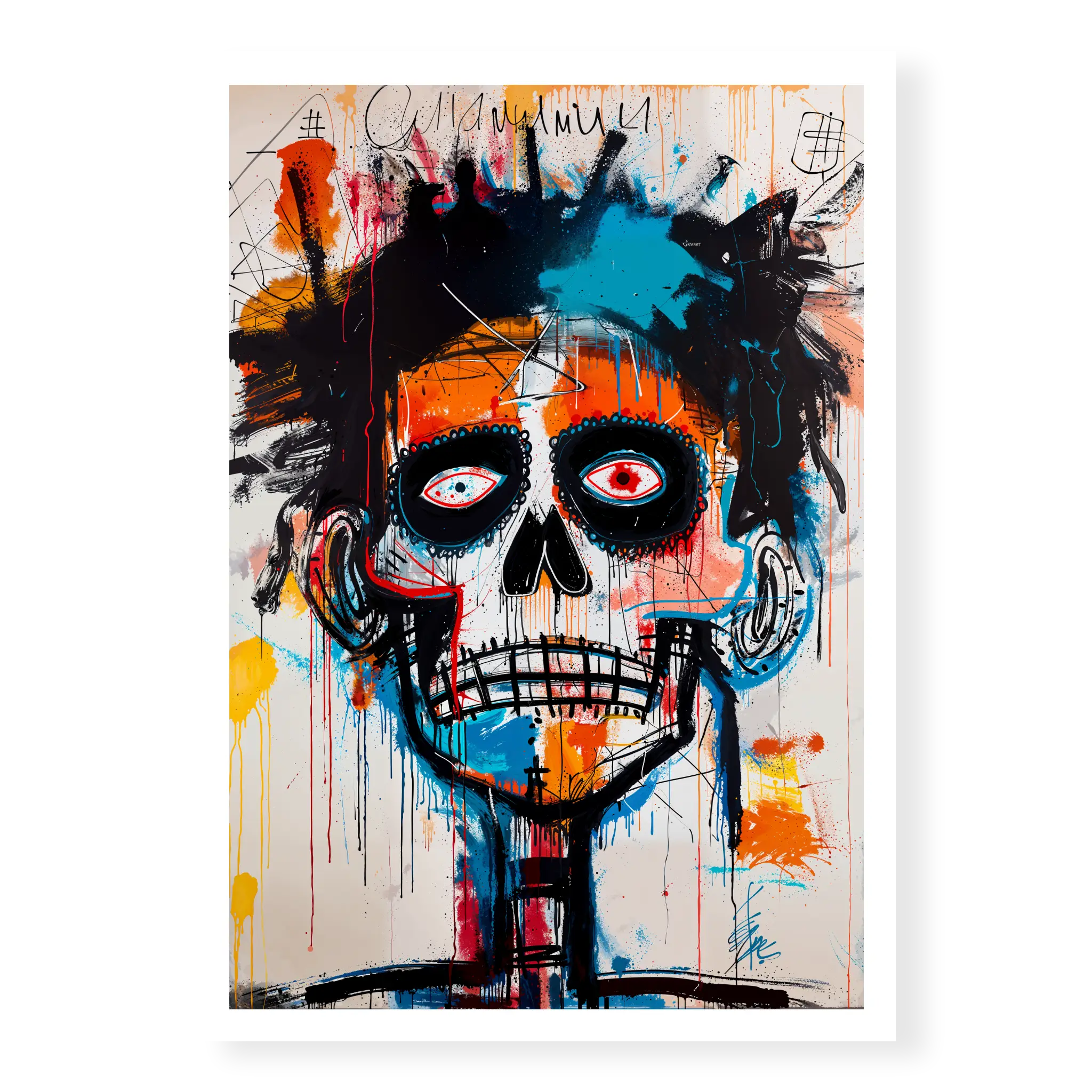 Neo-expressionist skull painting with wide red eyes and skeletal teeth in raw orange and blue style, art print titled Ioche