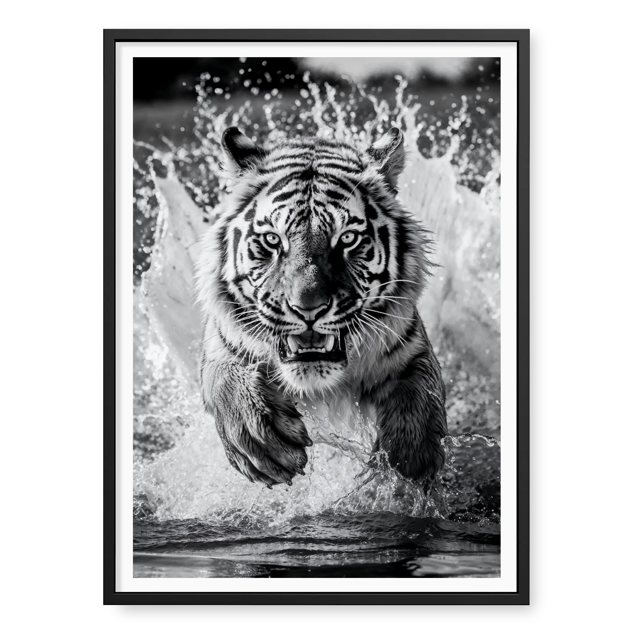 Tiger charging directly towards the camera creating massive water splashes, black and white art print titled Kahn in black frame