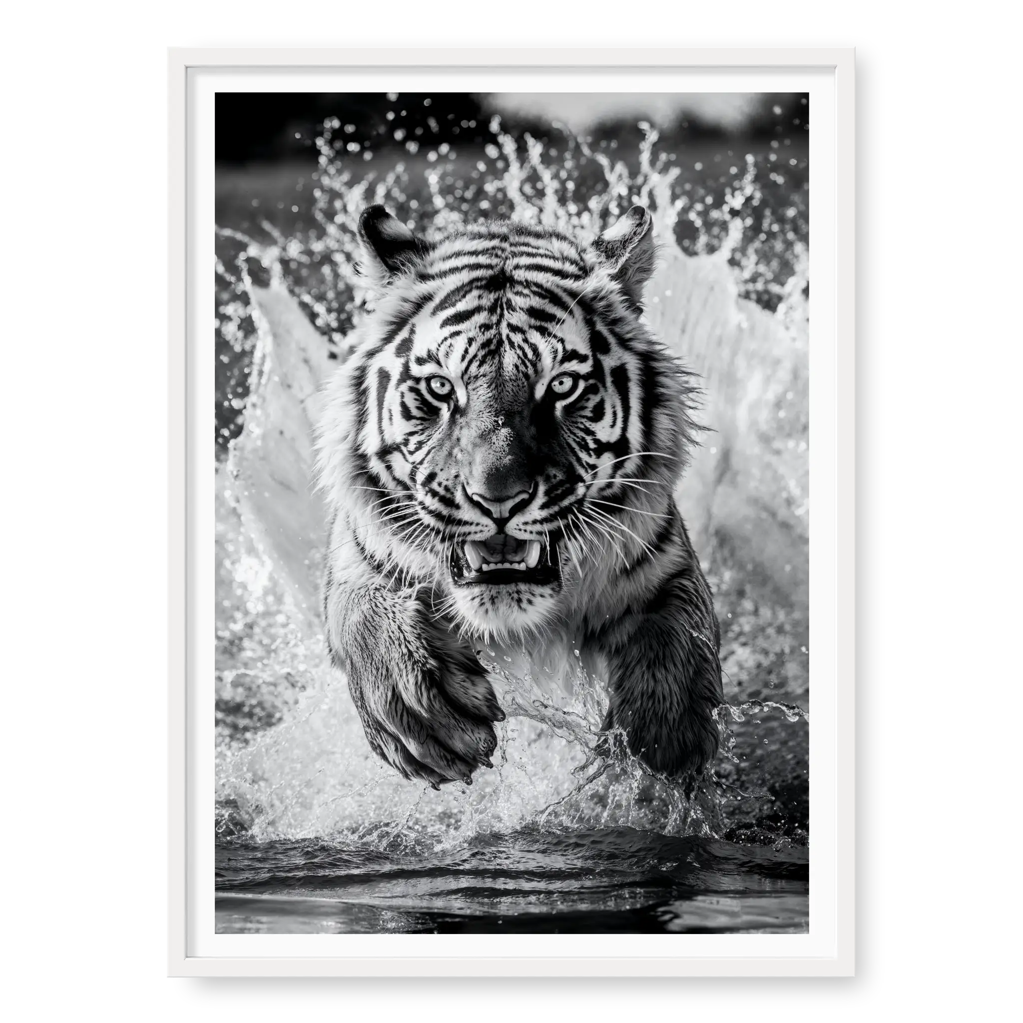 Tiger charging directly towards the camera creating massive water splashes, black and white art print titled Kahn in white frame