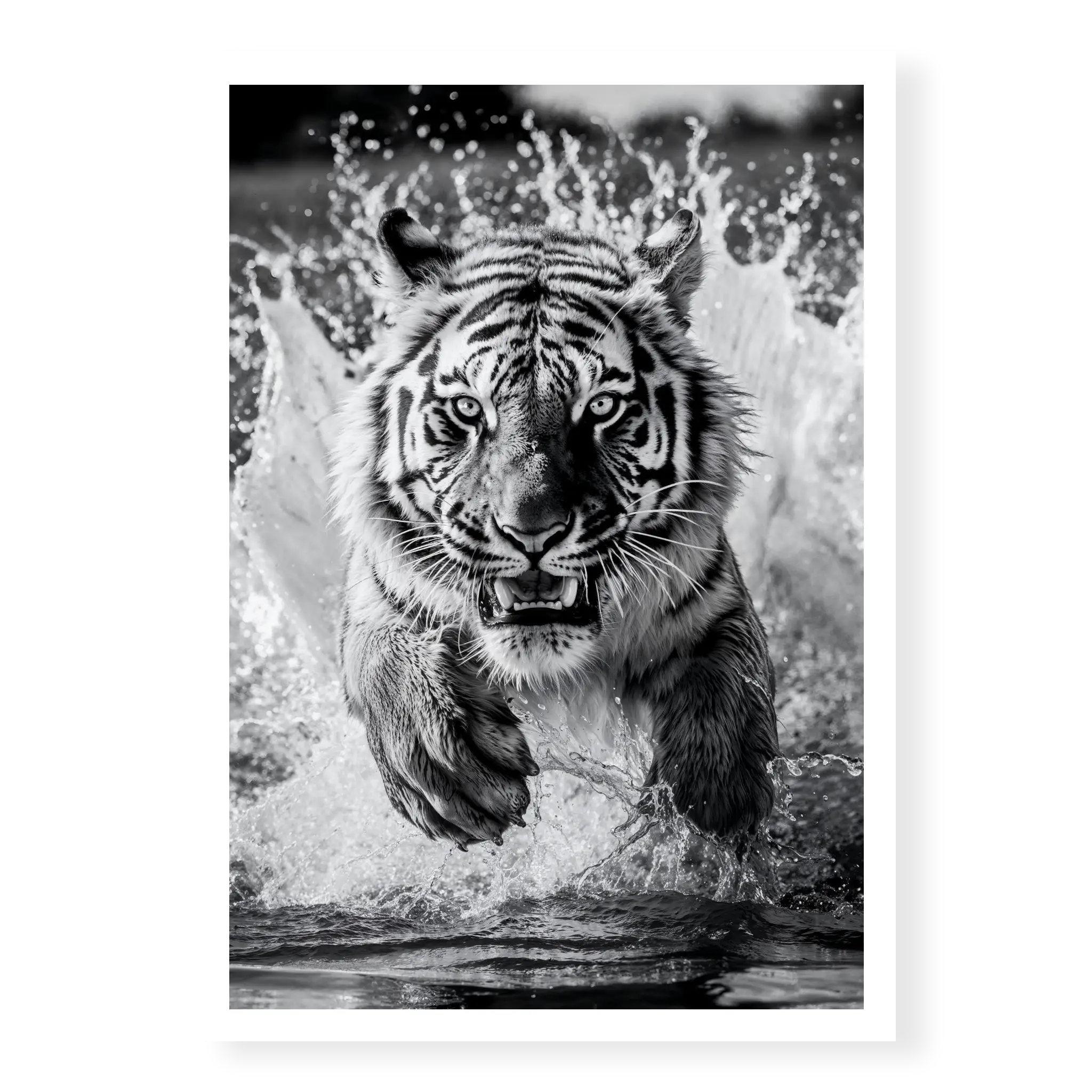 Tiger charging directly towards the camera creating massive water splashes, black and white art print titled Kahn