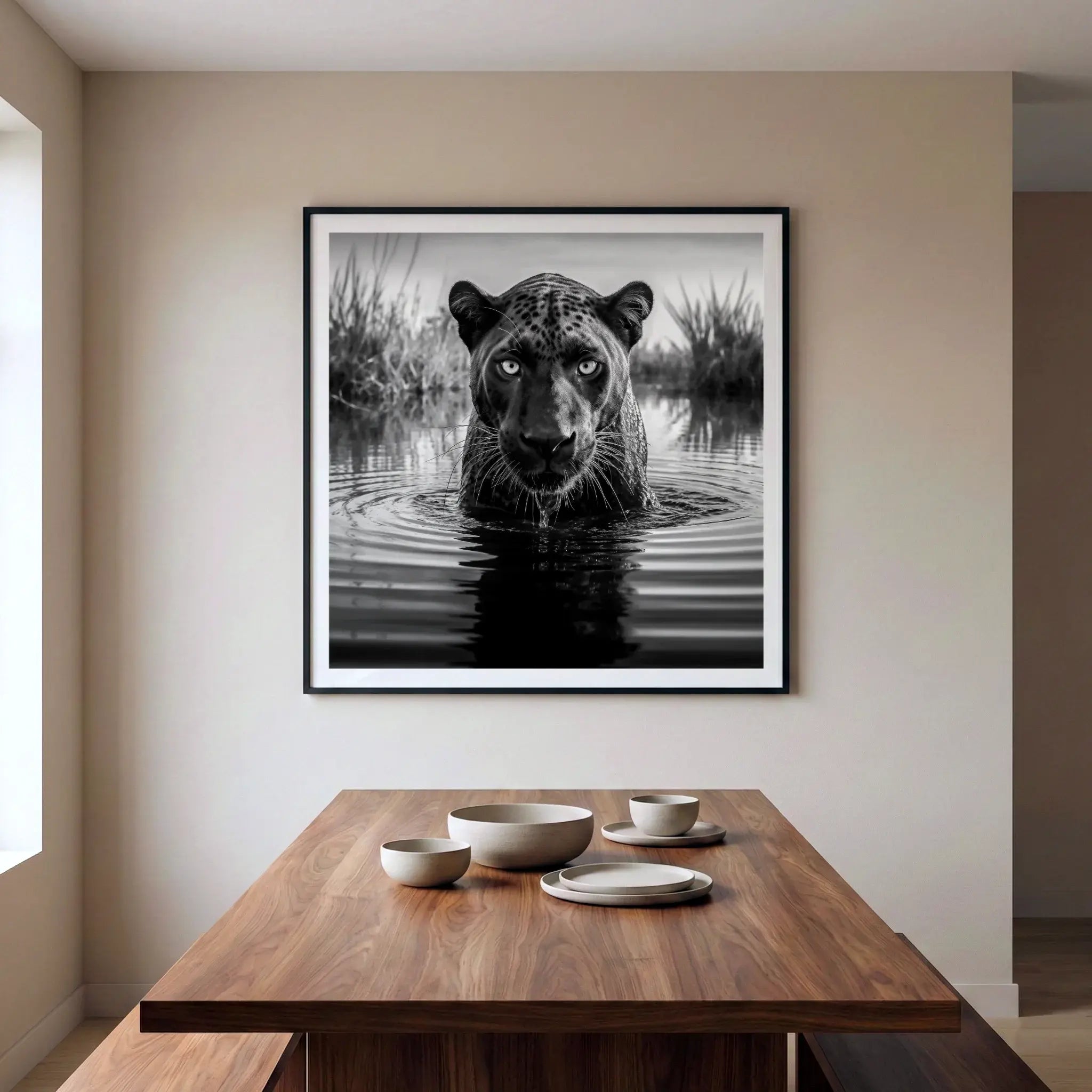 Framed black and white art print with black panther sitting in water, titled Killmonger displayed in dining room