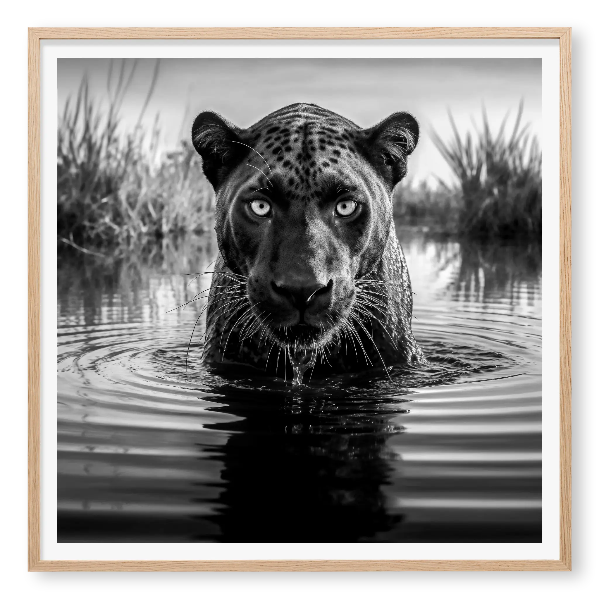 Close-up of a black panther sitting in water with visible spots and reflection, black and white art print titled Killmonger in natural oak frame