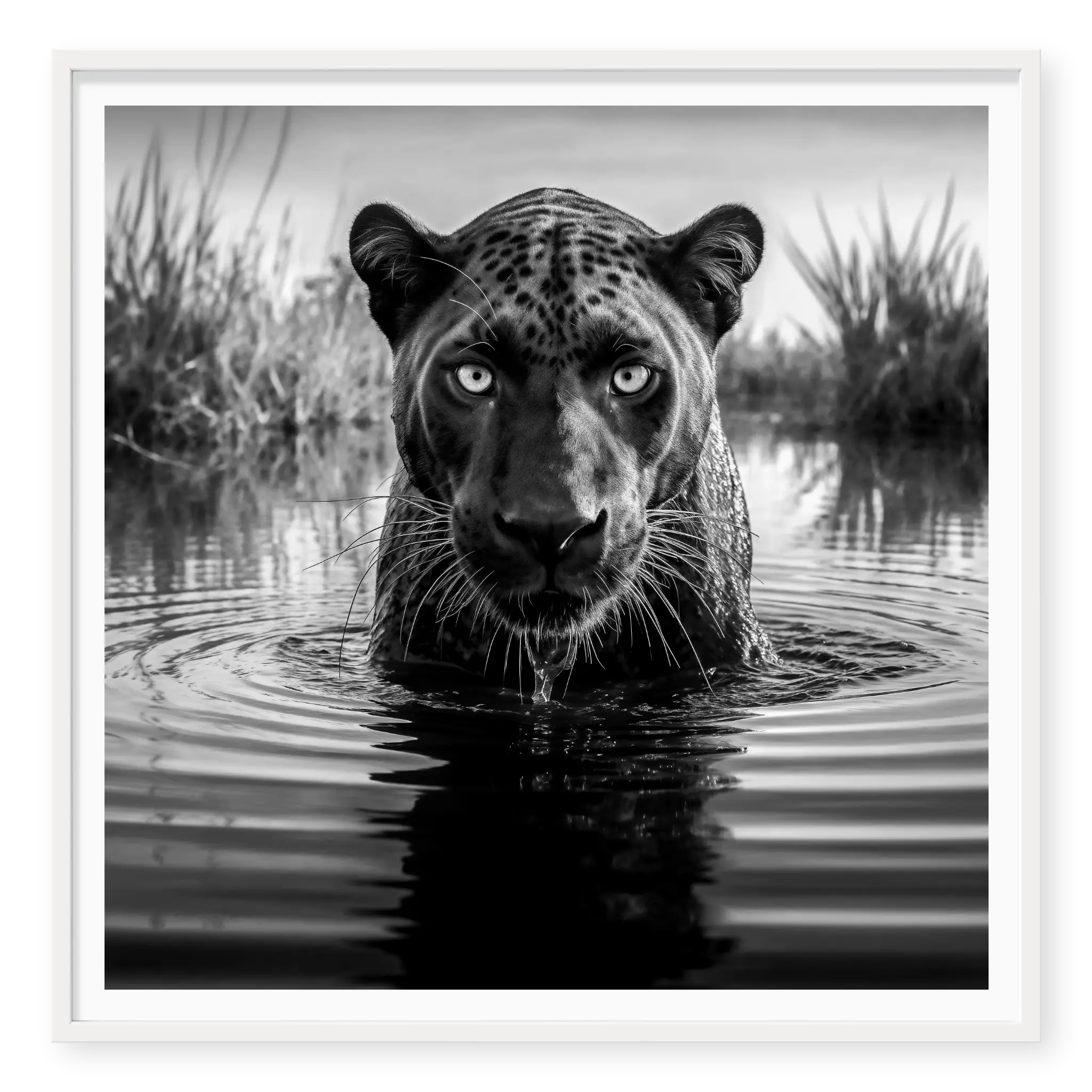 Close-up of a black panther sitting in water with visible spots and reflection, black and white art print titled Killmonger in white frame