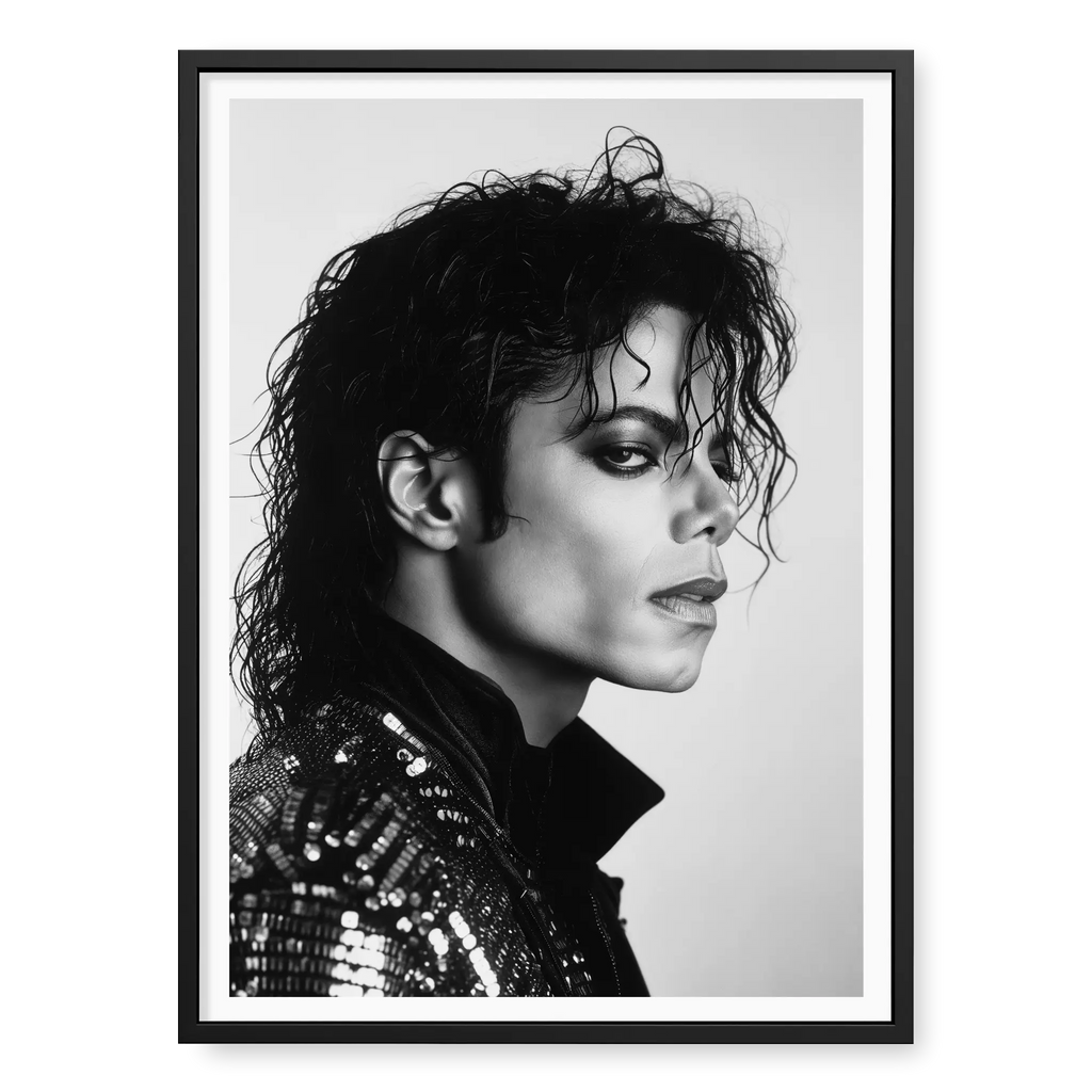 Side profile portrait of Michael Jackson looking to the right wearing a sequinned jacket, black and white art print titled King of Pop in black frame
