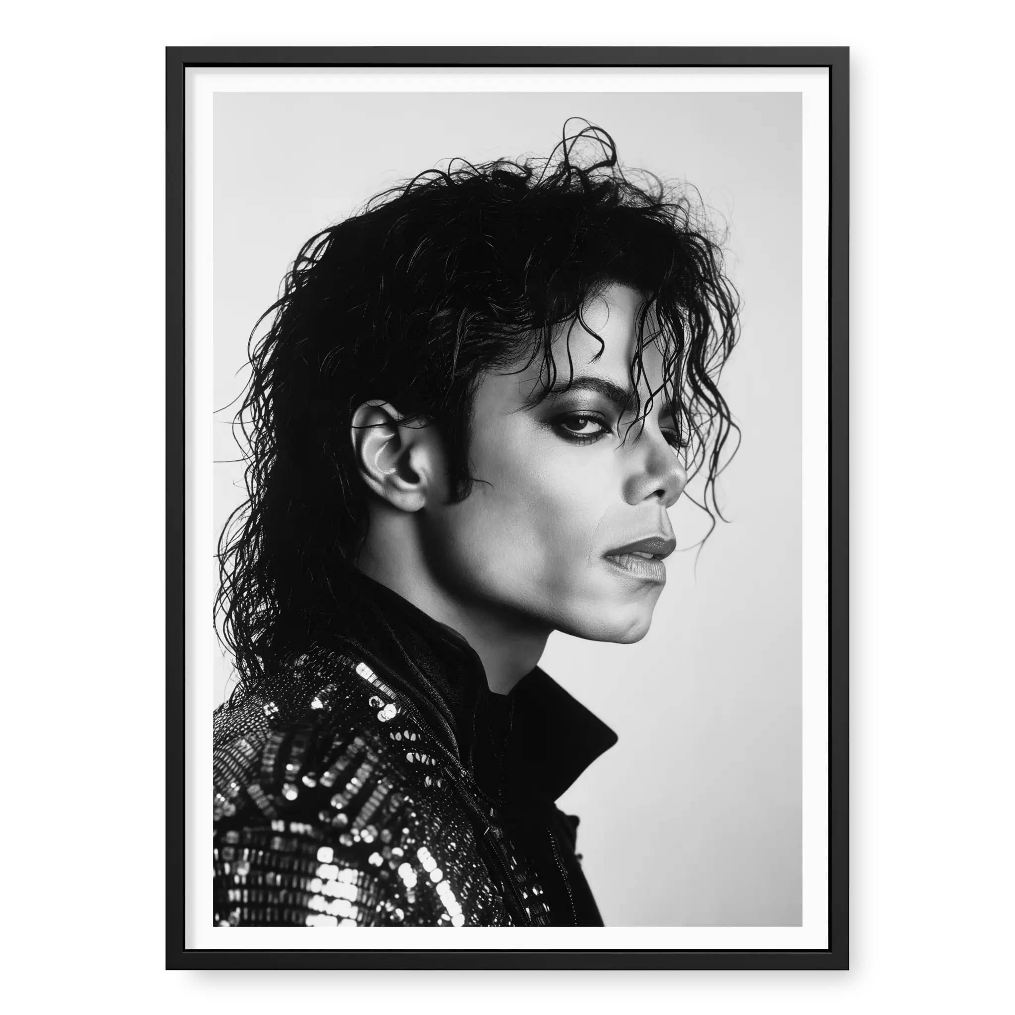 Side profile portrait of Michael Jackson looking to the right wearing a sequinned jacket, black and white art print titled King of Pop in black frame