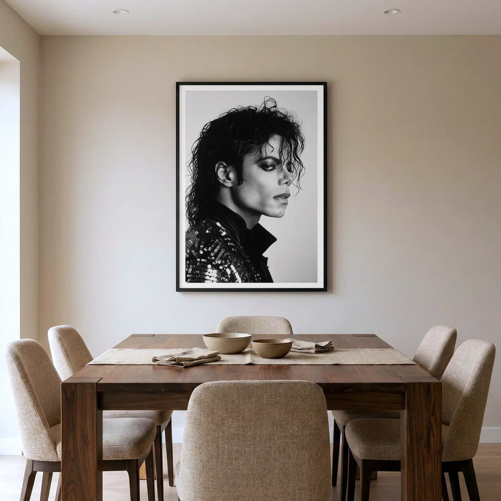 Framed black and white portrait of Michael Jackson in sequin jacket, titled King of Pop displayed in dining room