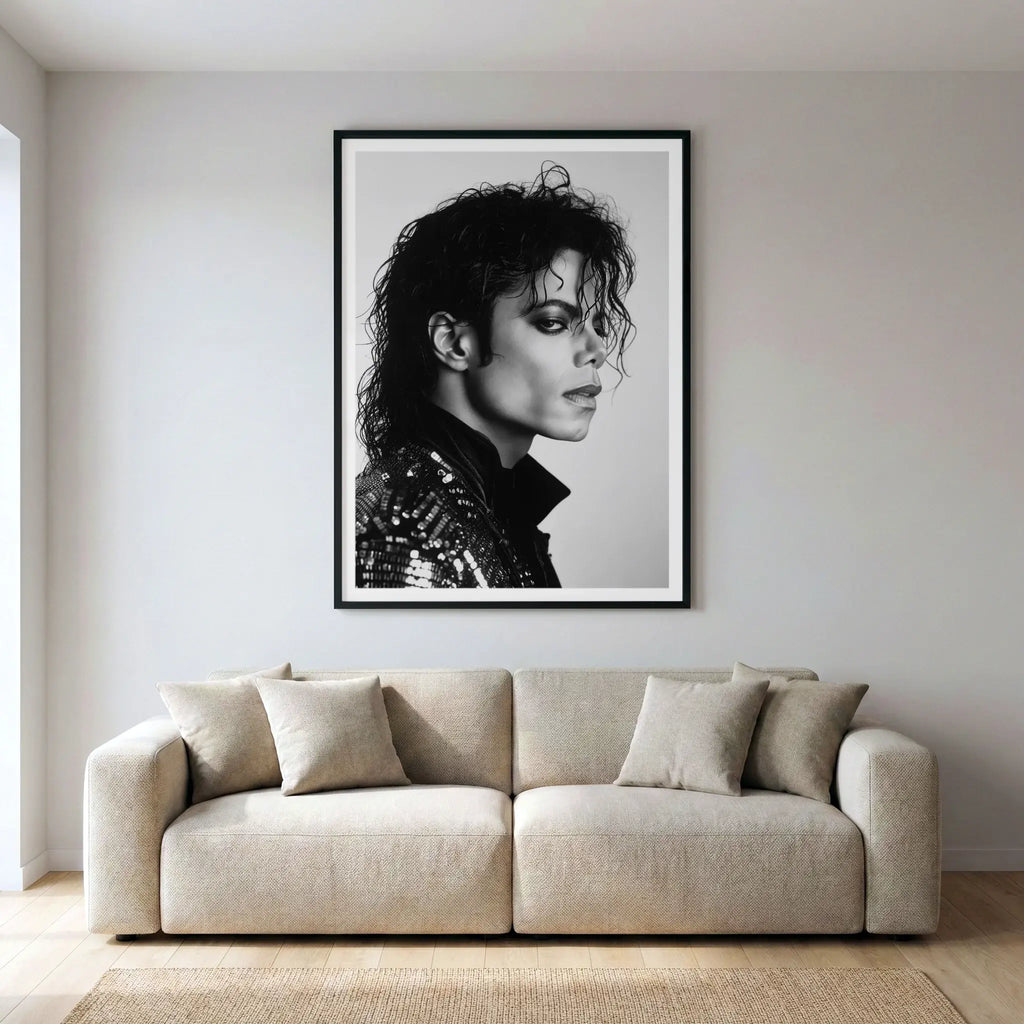 Framed black and white portrait of Michael Jackson in sequin jacket, titled King of Pop displayed in living room