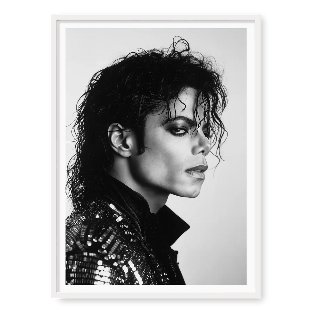 Side profile portrait of Michael Jackson looking to the right wearing a sequinned jacket, black and white art print titled King of Pop in white frame