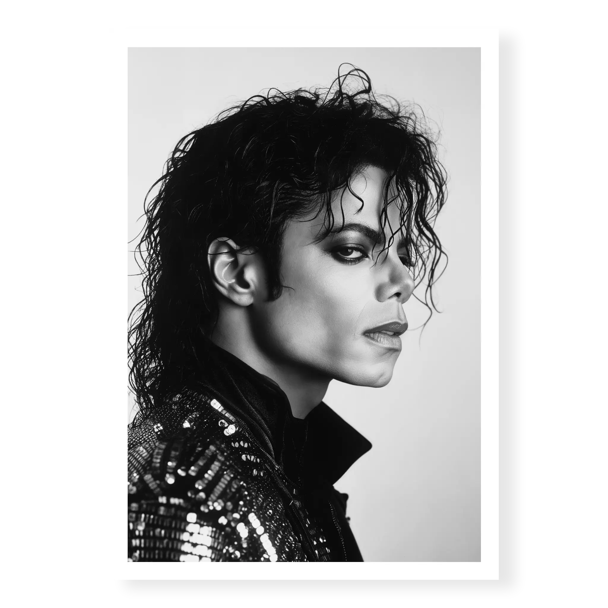Side profile portrait of Michael Jackson looking to the right wearing a sequinned jacket, black and white art print titled King of Pop