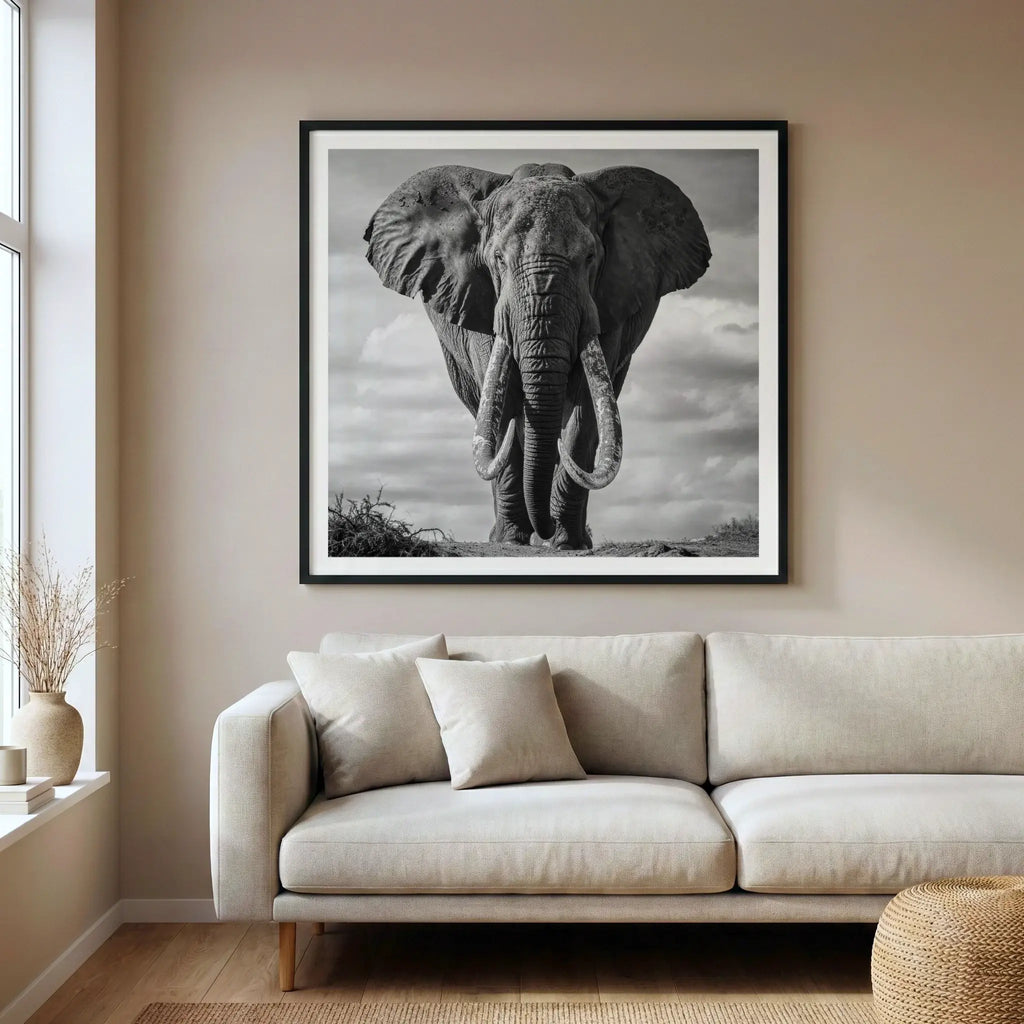 Framed black and white art print with giant elephant tusker, titled Kratos displayed in living room