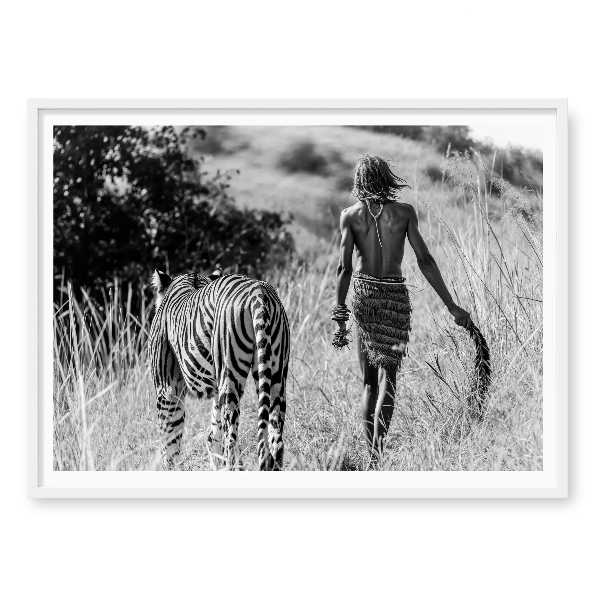 Rear view of a man in traditional attire walking alongside a tiger through tall grass, black and white art print titled Life of Pi in white frame