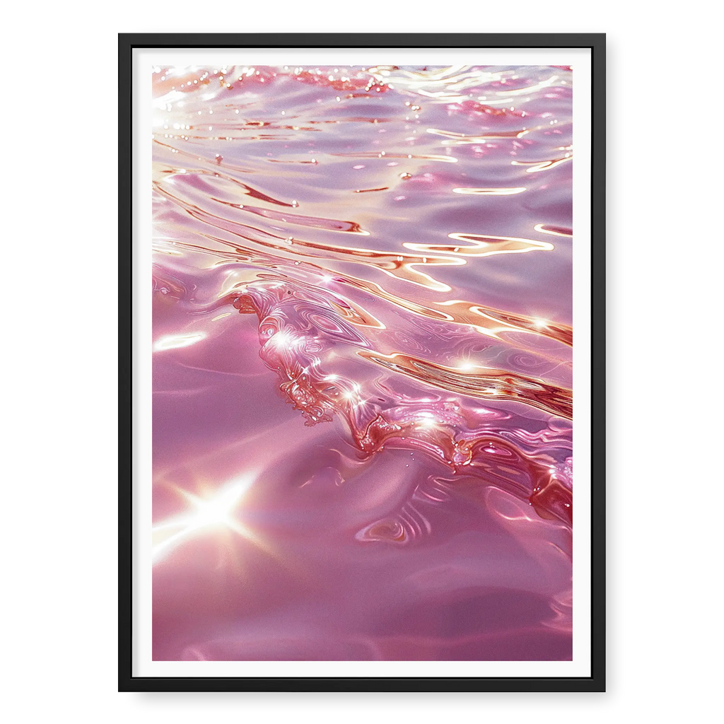 Close-up abstract view of rippling ocean water in shades of pink and rose gold with bright sun glints, art print titled Marmoris in black frame