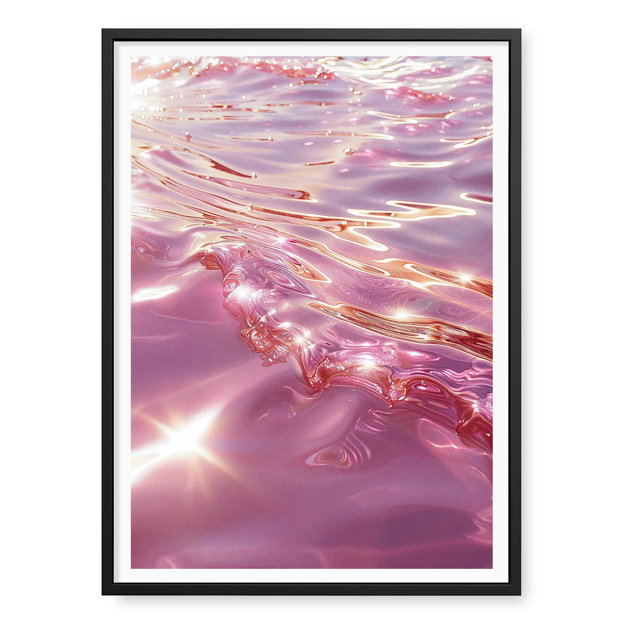 Close-up abstract view of rippling ocean water in shades of pink and rose gold with bright sun glints, art print titled Marmoris in black frame
